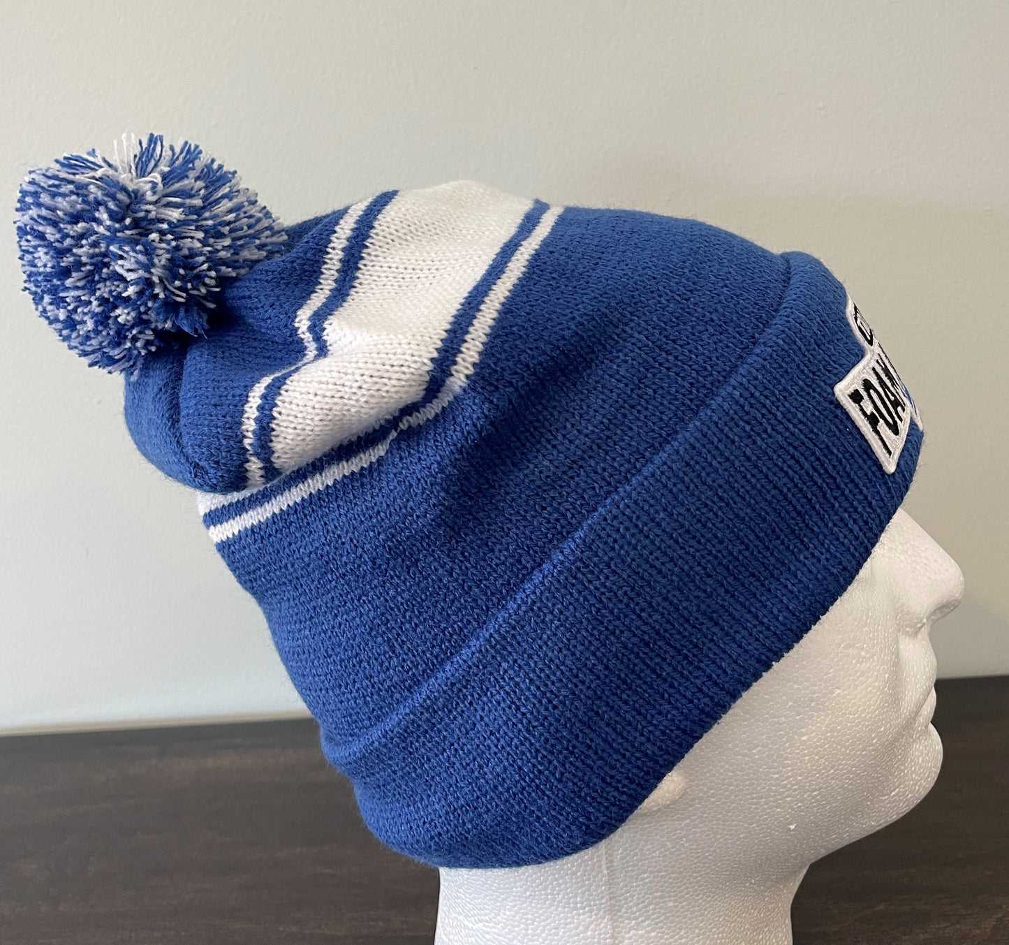 Tri County Foam Insulation Two-Toned Striped Beanie with Pompom